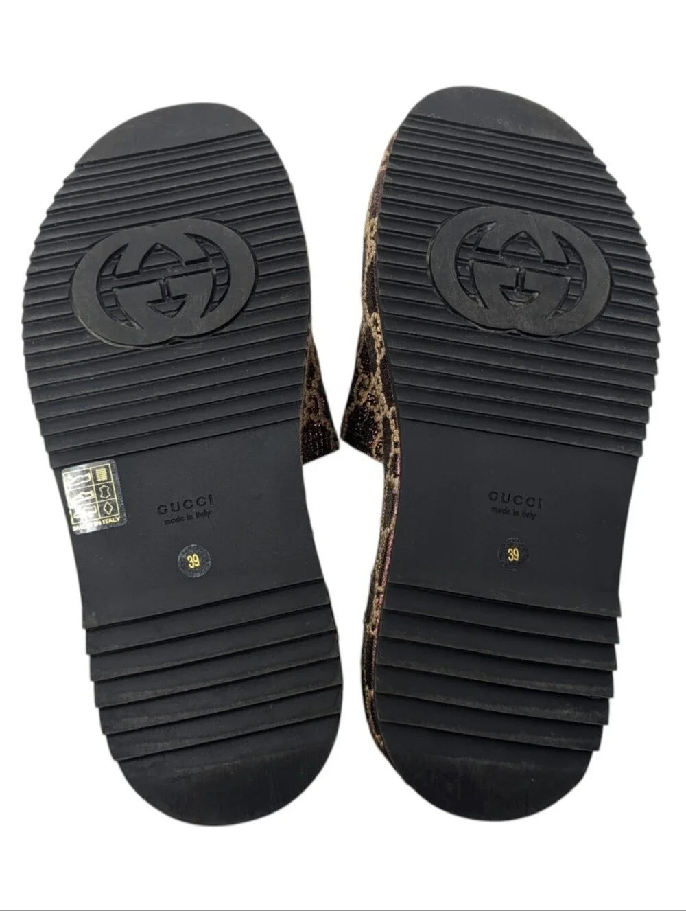 Gucci Brown Monogram Lame Angelina Platform Slide Sandals Size EU 39